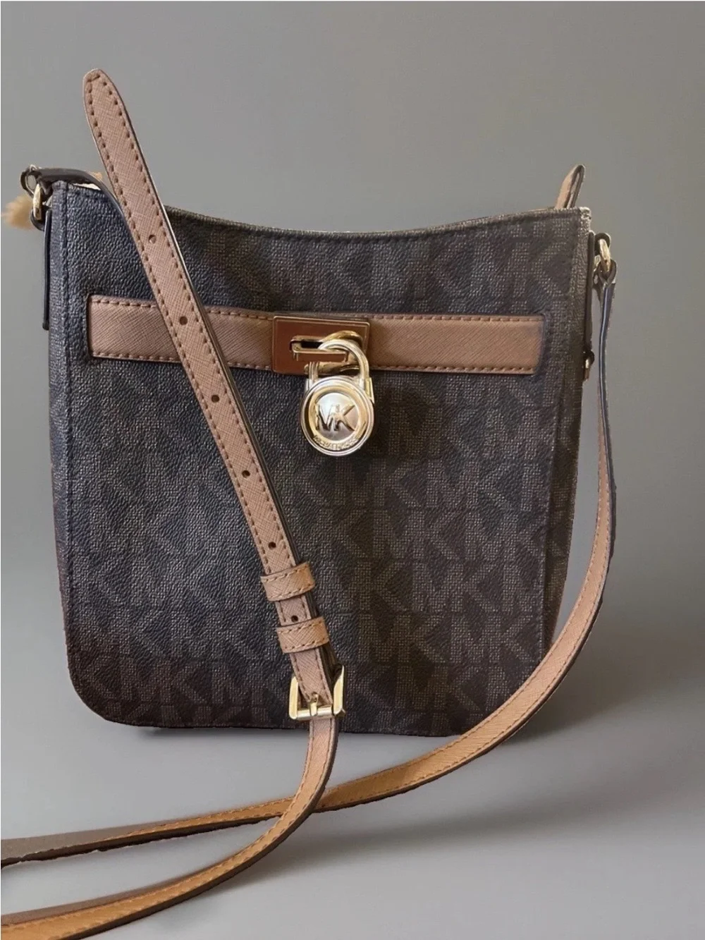 Michael Kors Brown Logo Crossbody with Gold Lock